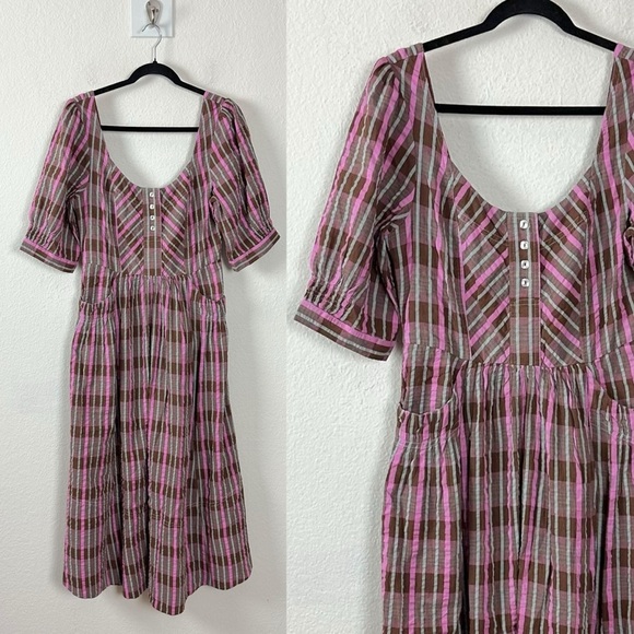 Free People Tulie Plaid Midi Dress Pink Brown Small NWT Western Prairie Preppy - Picture 11 of 17
